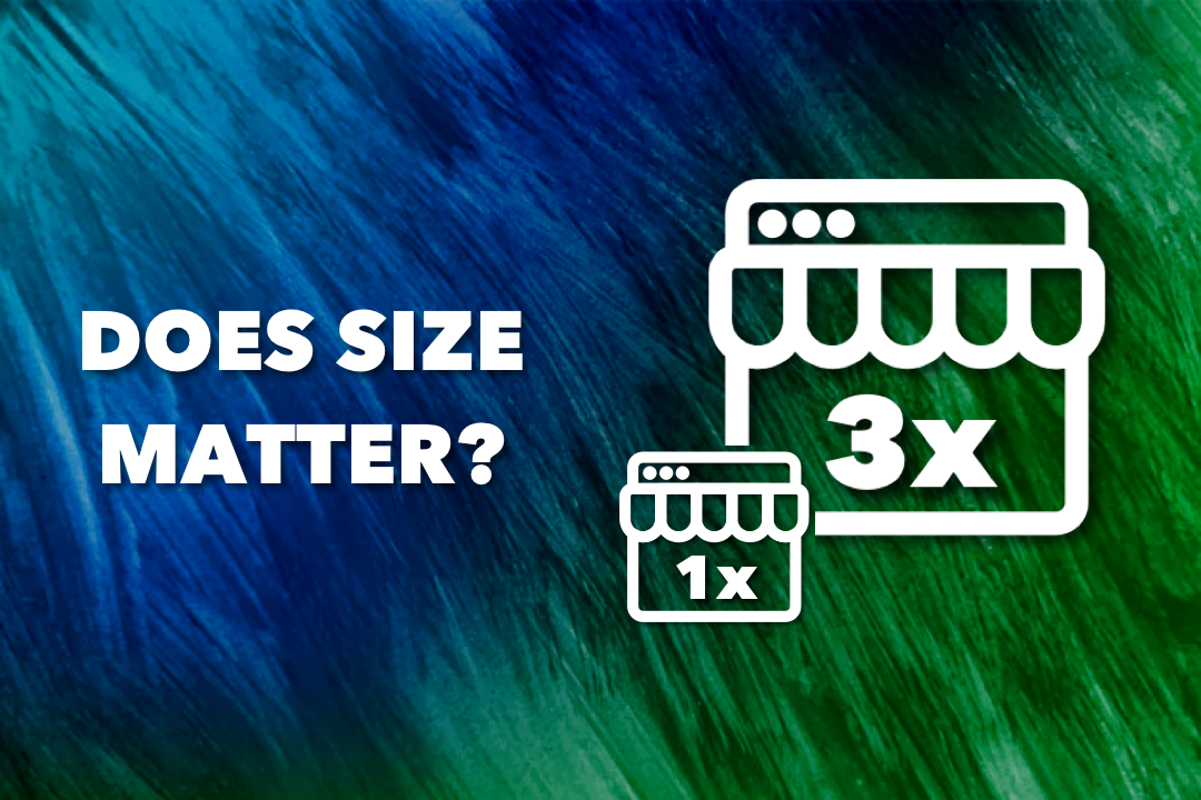 icons of two store windows, one labeled '1x' and the larger one labeled '3x', suggesting a comparison in size and impact