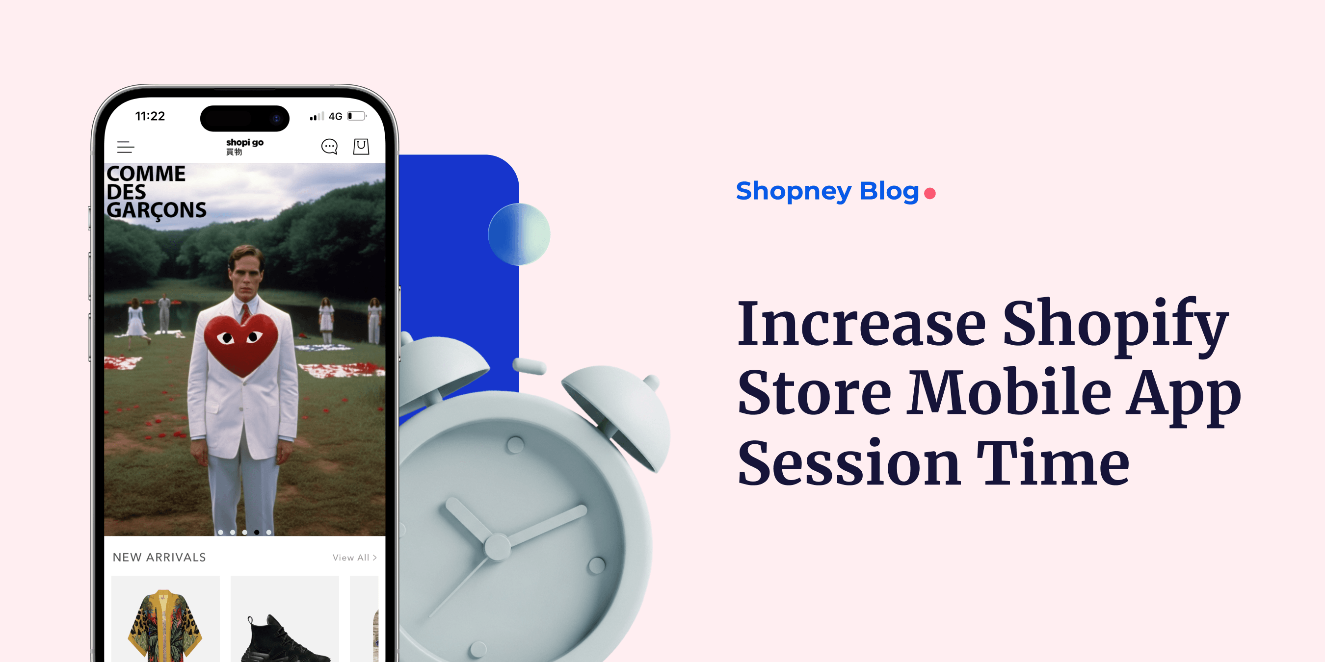 Smartphone displaying a fashion shopping app alongside a graphic promoting increased Shopify mobile app session time.
